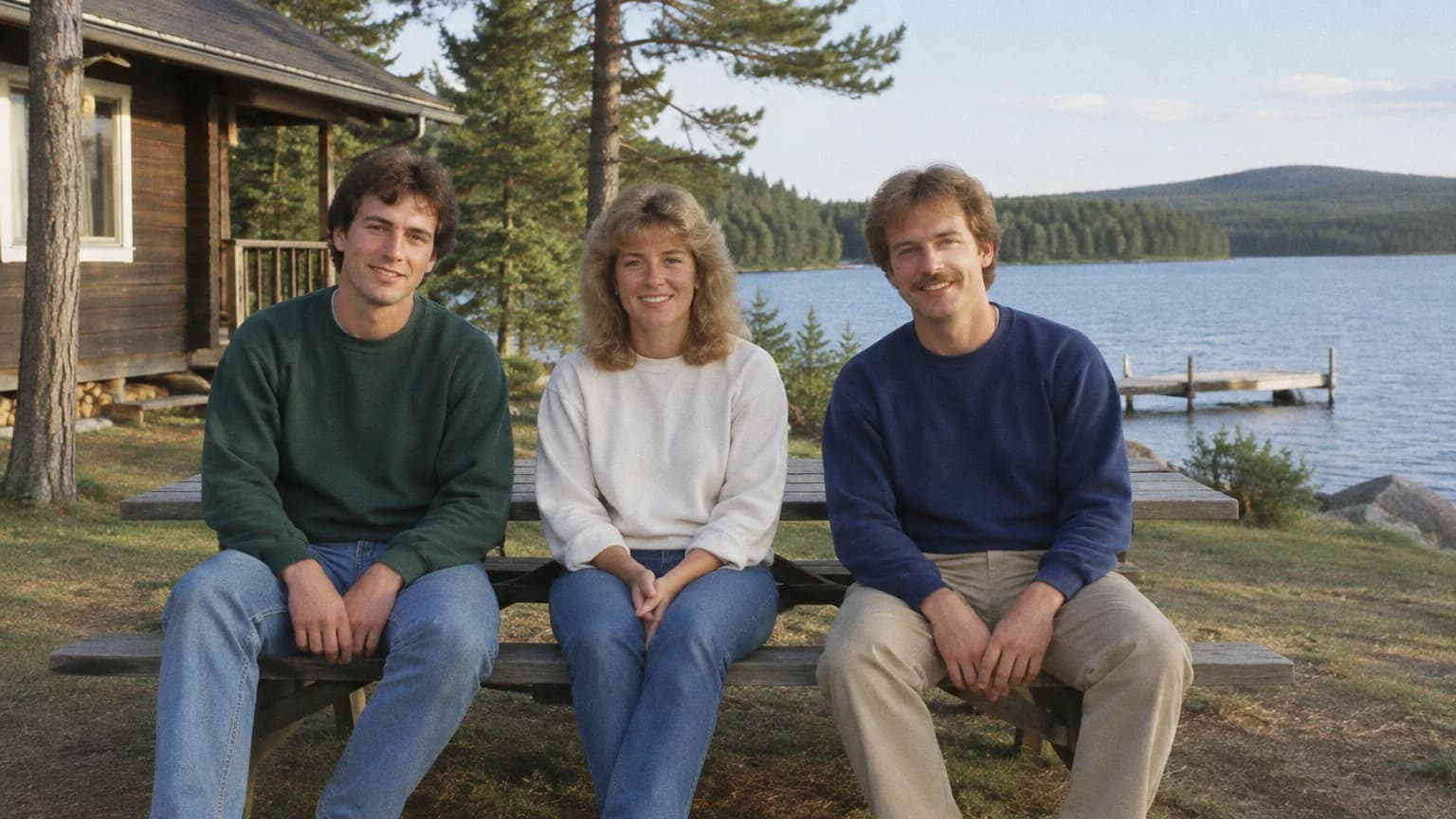 AI-generated style example: three adult friends on a picnic bench outside a lakeside cabin