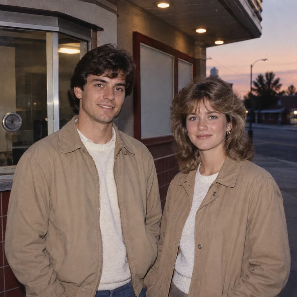 AI-generated style example: two adults beside a cinema ticket window at dusk