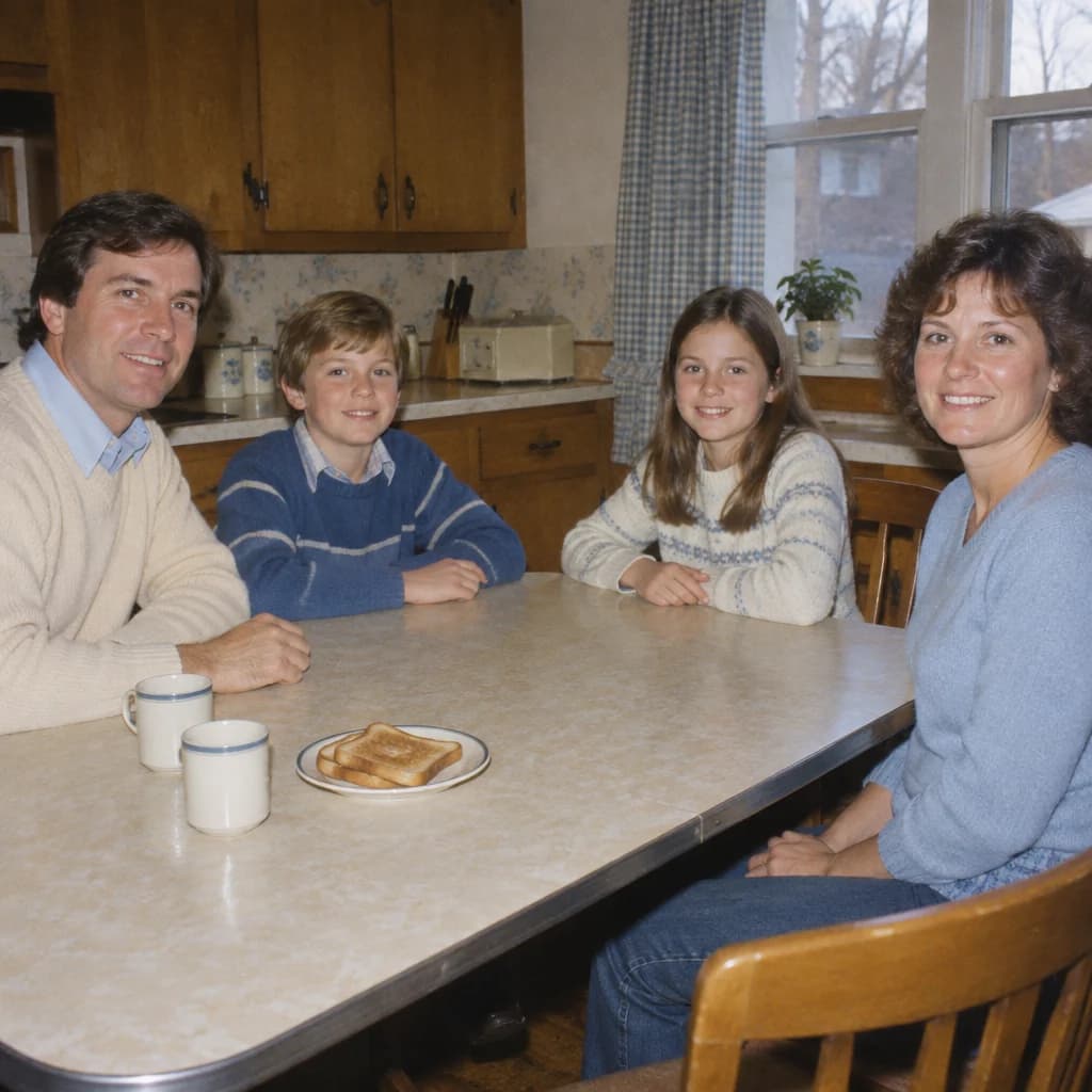 AI-generated style example: two parents and two children at a kitchen breakfast table