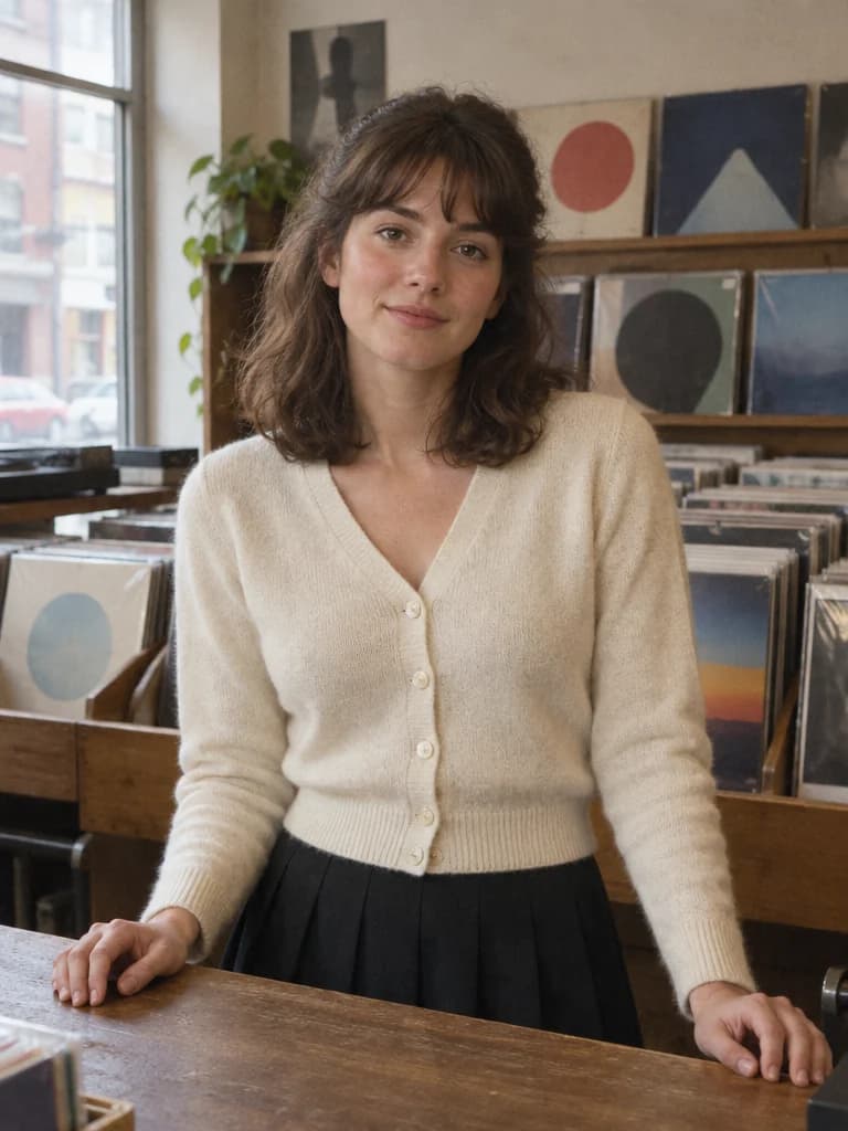 AI-generated style example: a woman in an ivory cardigan behind a record-shop counter