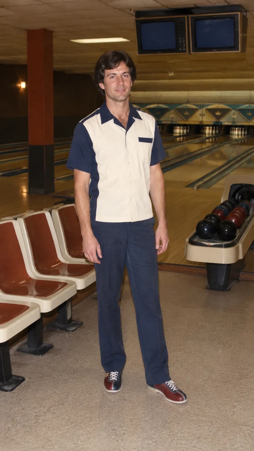 AI-generated style example: an adult standing beside bowling-alley seats, fully in frame