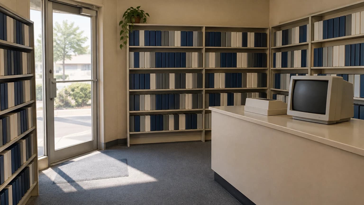 AI-generated style example: an empty video-rental shop with tape shelves and morning light
