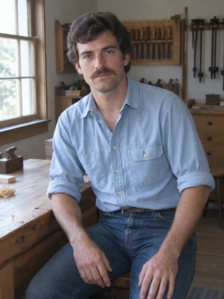 AI-generated style example: a man in a light-blue shirt seated beside a home workbench