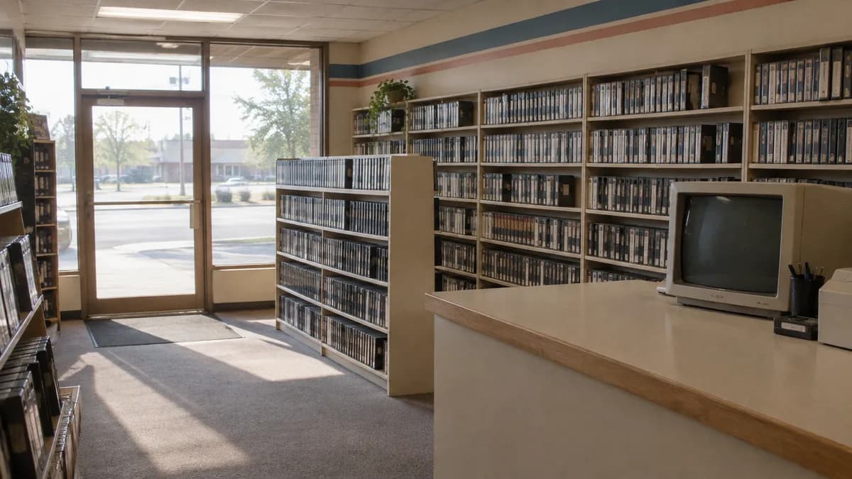 First AI-generated video shop attempt with small label-like marks on the tape spines