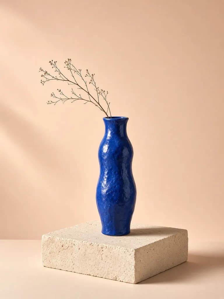 Cobalt ceramic vase and dried branch on a limestone pedestal