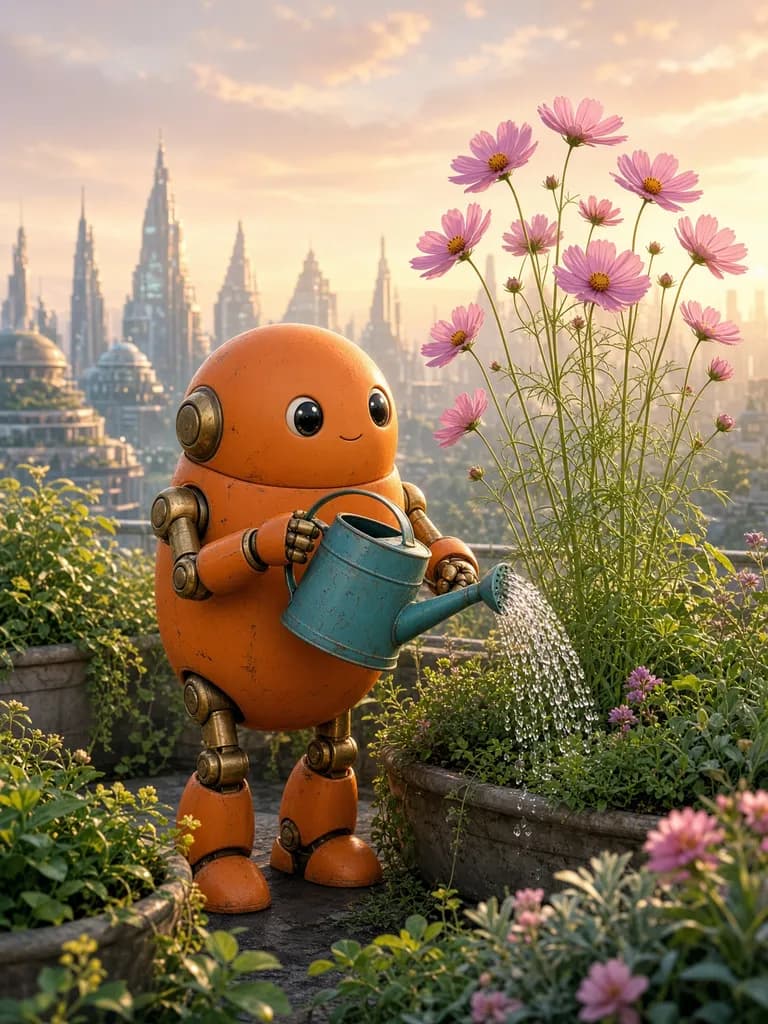Orange robot watering pink flowers in a vertical rooftop garden scene