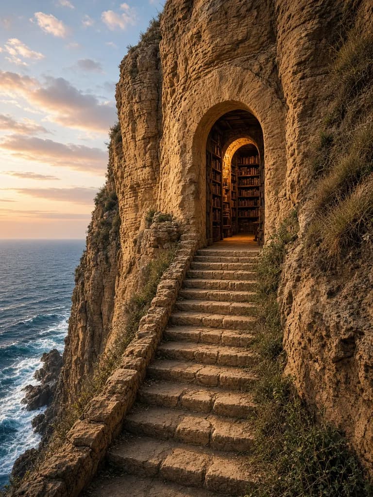 Stone stairway climbing to an arched cliffside library above the sea