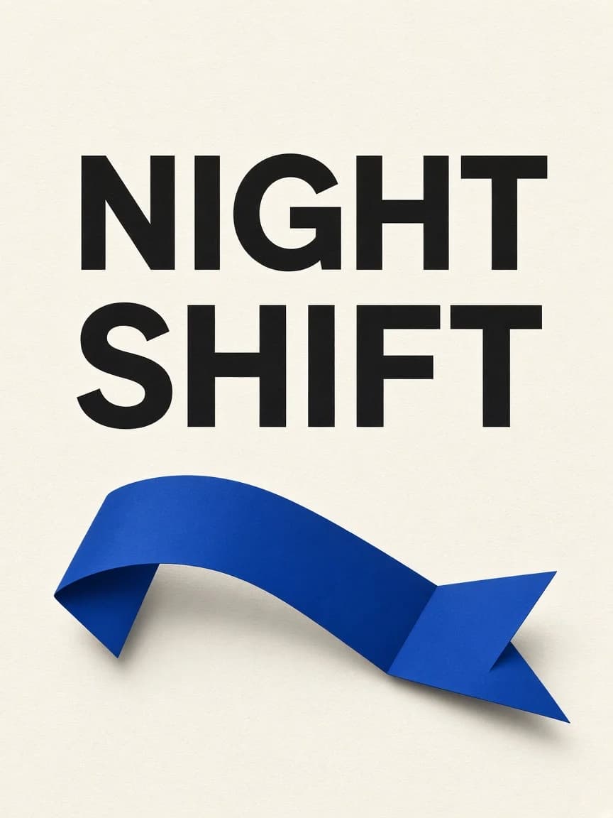 NIGHT SHIFT poster with bold black type and a cobalt folded-paper ribbon