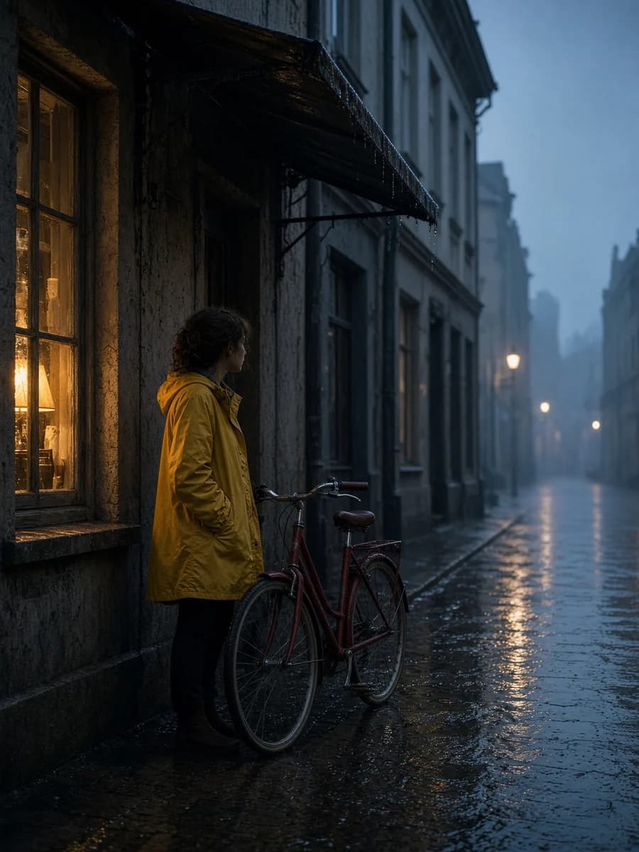 Cyclist in a yellow raincoat beside a red bicycle on a rainy blue-hour street