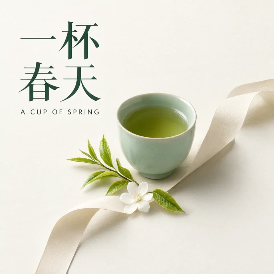 Chinese and English tea poster with a celadon cup