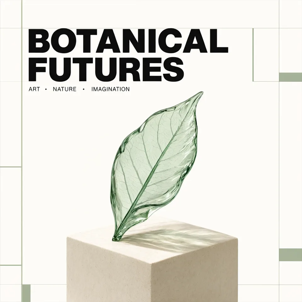 Botanical Futures poster with a green glass leaf