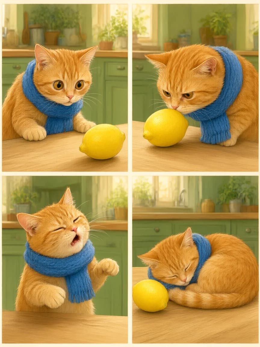 Four scenes of a ginger cat with a blue scarf discovering a lemon