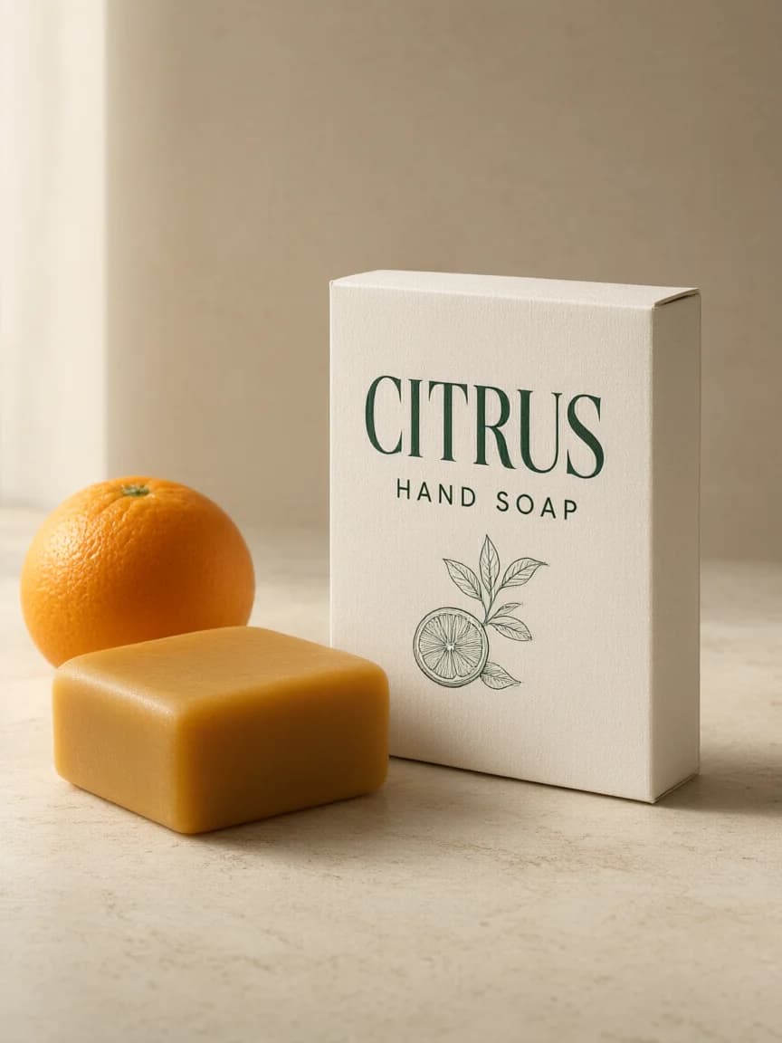 Citrus hand soap packaging on travertine with an orange