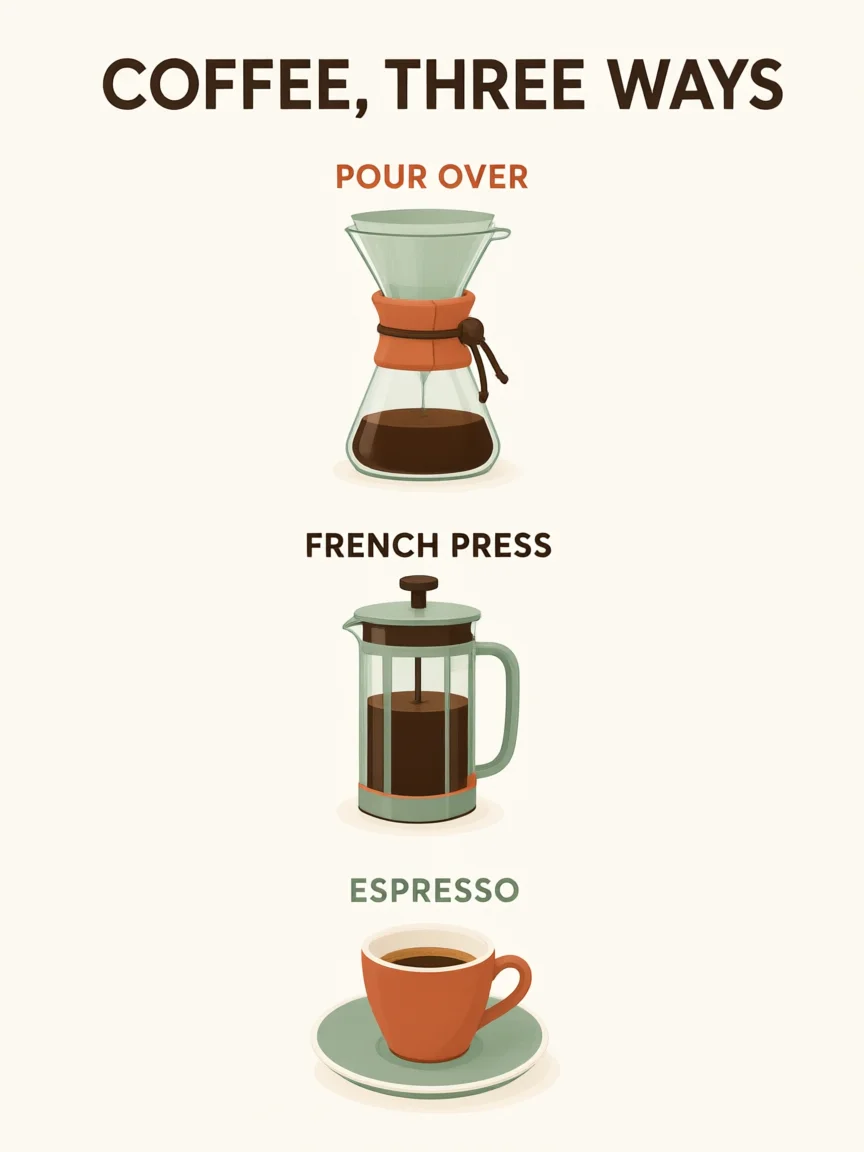 Coffee infographic with three labeled brewing methods