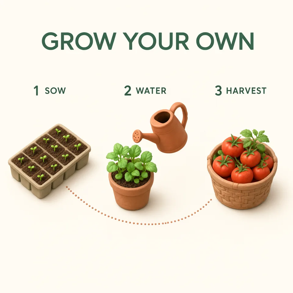 Three-step gardening infographic with seedlings, watering can and tomatoes