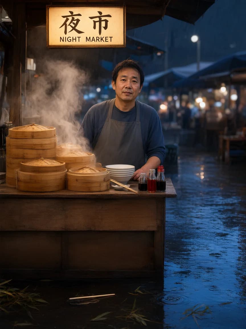 Rainy dumpling stall with a bilingual Night Market sign