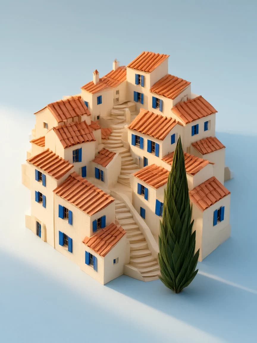 Handmade paper town with terracotta roofs and blue shutters