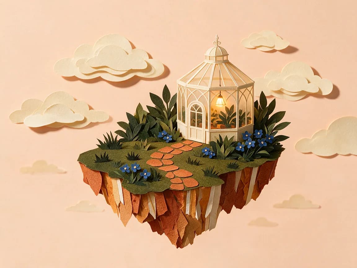 Cut-paper illustration of a tiny greenhouse on a floating garden island