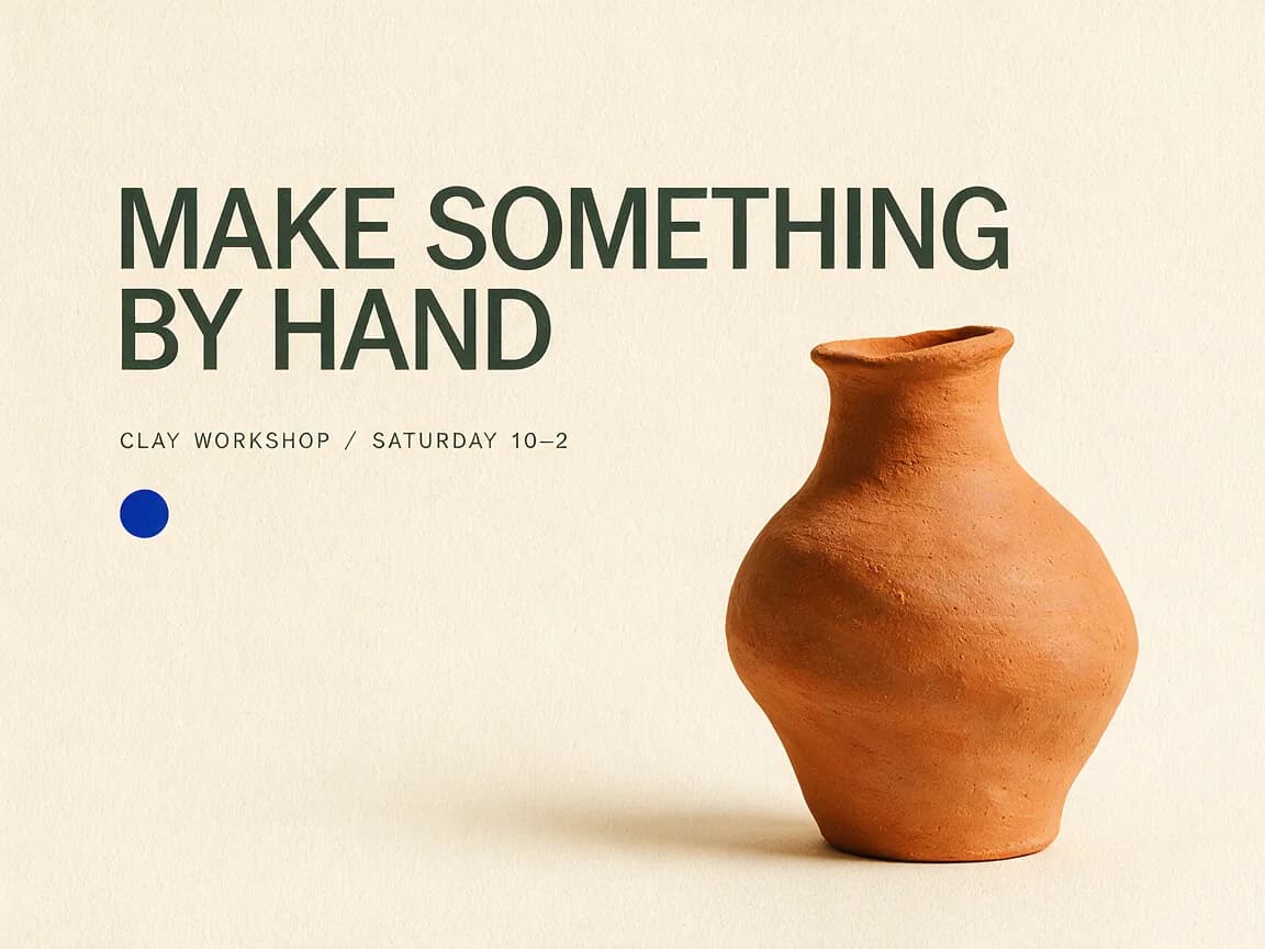Ceramics workshop poster with a terracotta vase and MAKE SOMETHING BY HAND headline