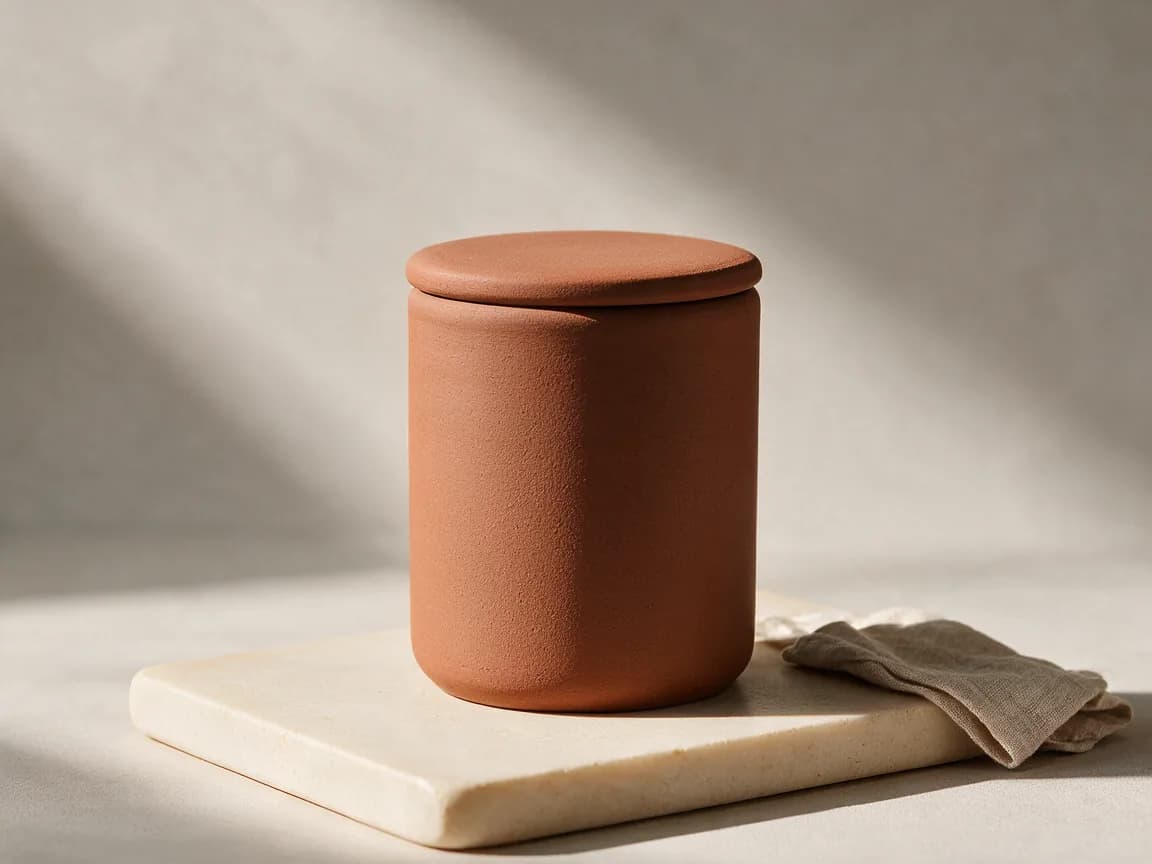 The same ceramic canister edited to a matte terracotta finish on the original plinth