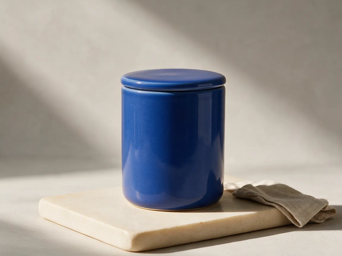 Cobalt-blue ceramic canister on an ivory plinth with soft studio shadows