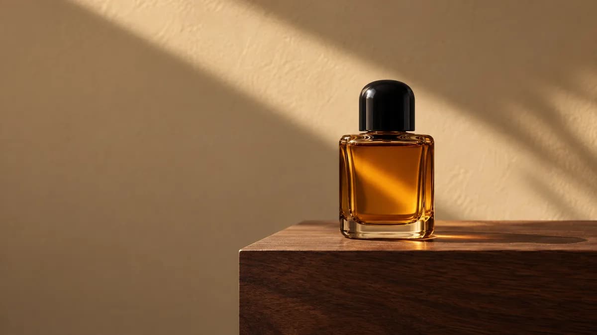 An unlabeled amber perfume bottle with a black cap on walnut in warm side light