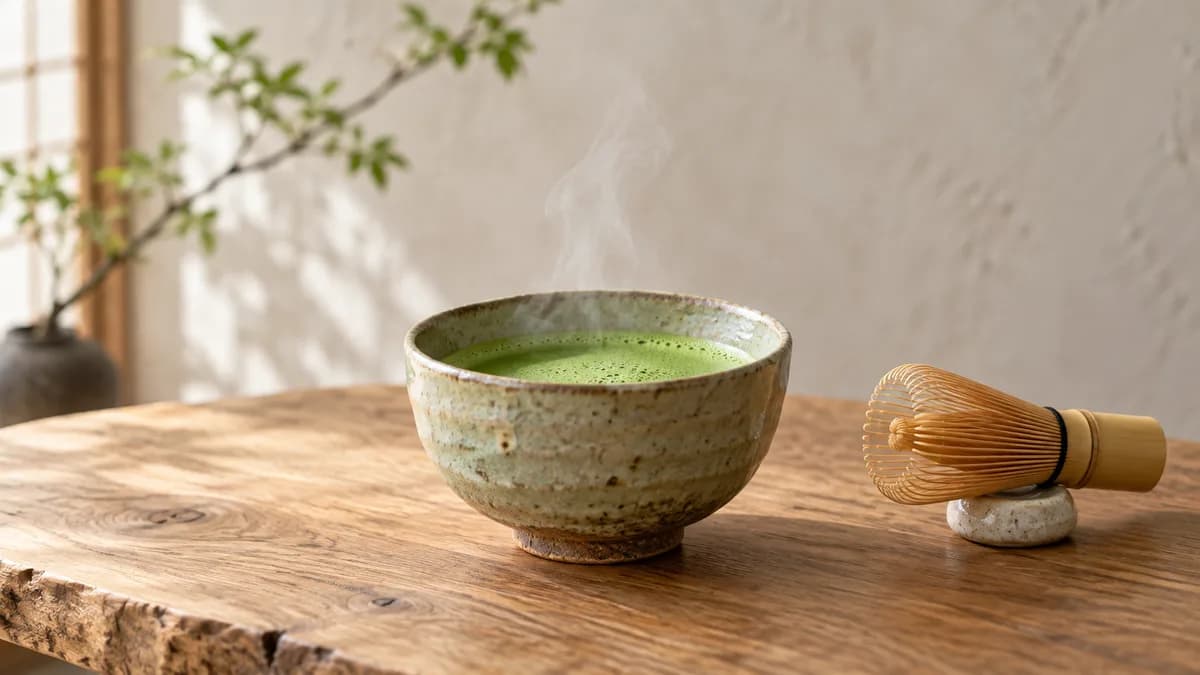 A pale ceramic bowl of green matcha with rising steam and a bamboo whisk resting beside it on a wooden table