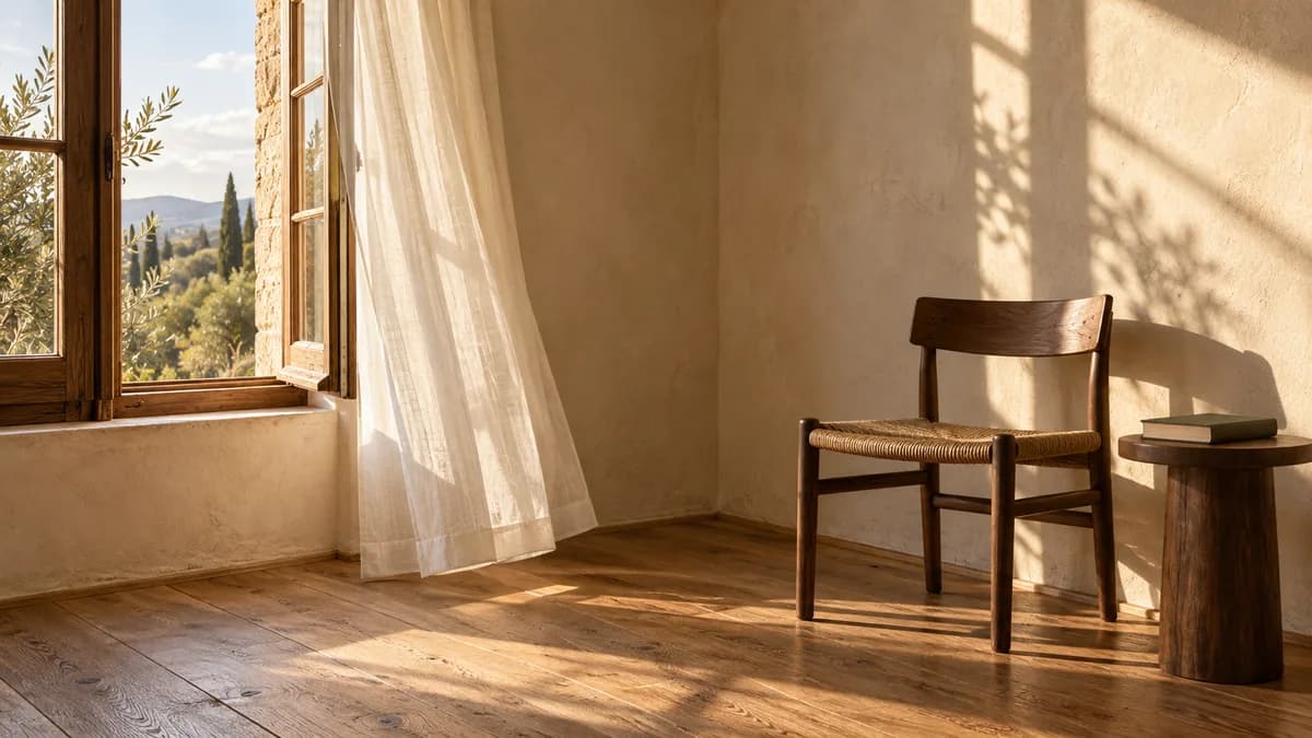Sunlit reading room with an open wooden window, sheer curtain, chair and a book on a side table
