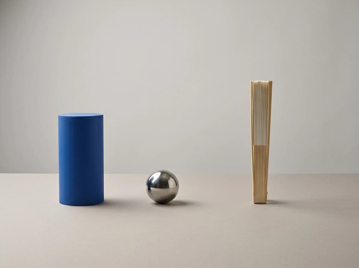 Nano Banana 2 output: blue cylinder, steel sphere and narrow upright folded paper fan