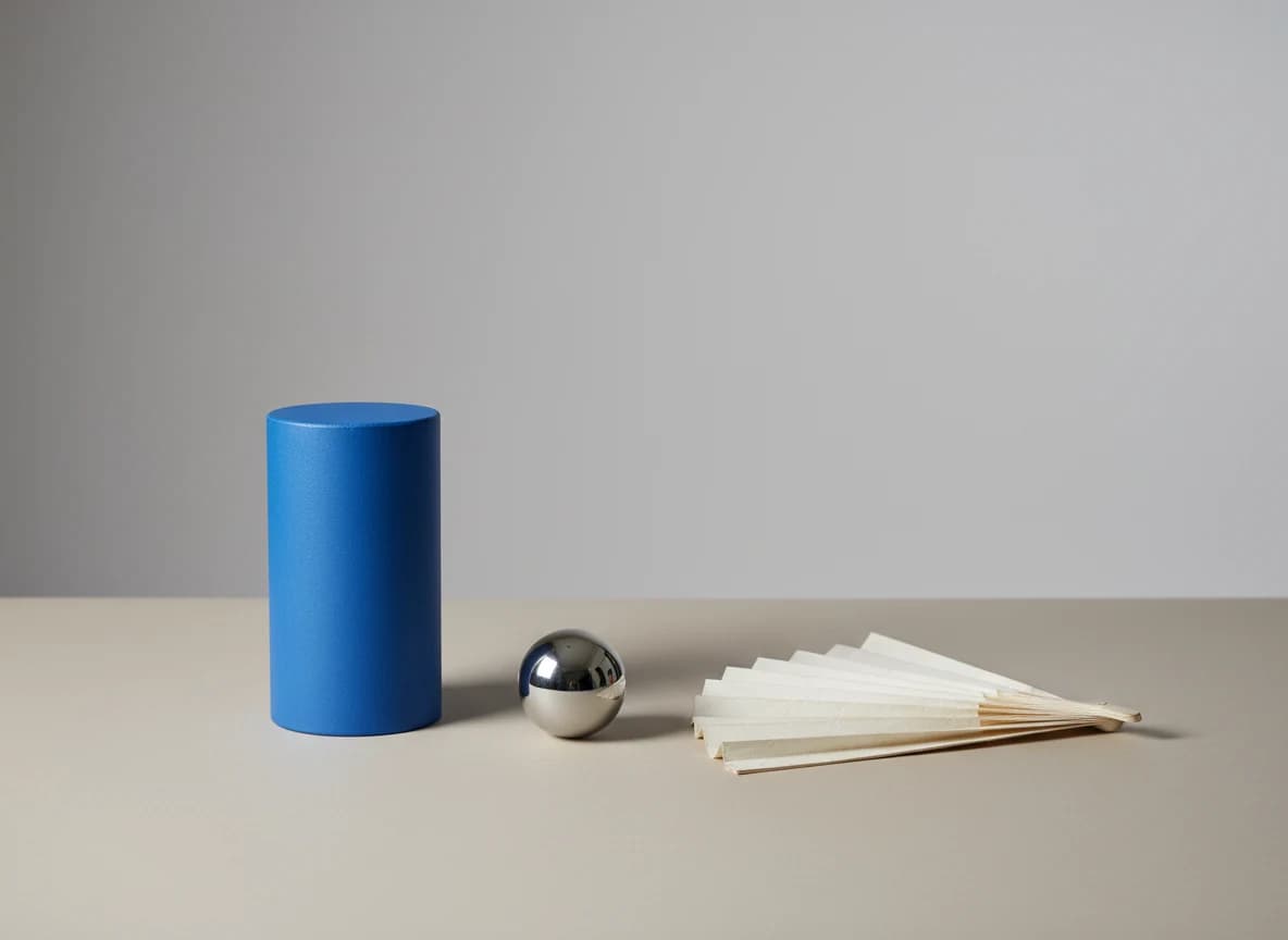 Nano Banana output: blue cylinder, steel sphere and open ivory paper fan on a gray tabletop