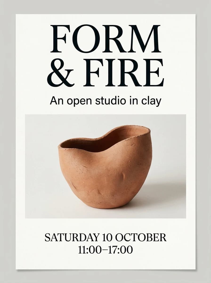 FORM & FIRE ceramics poster with a terracotta vessel and legible event date and time