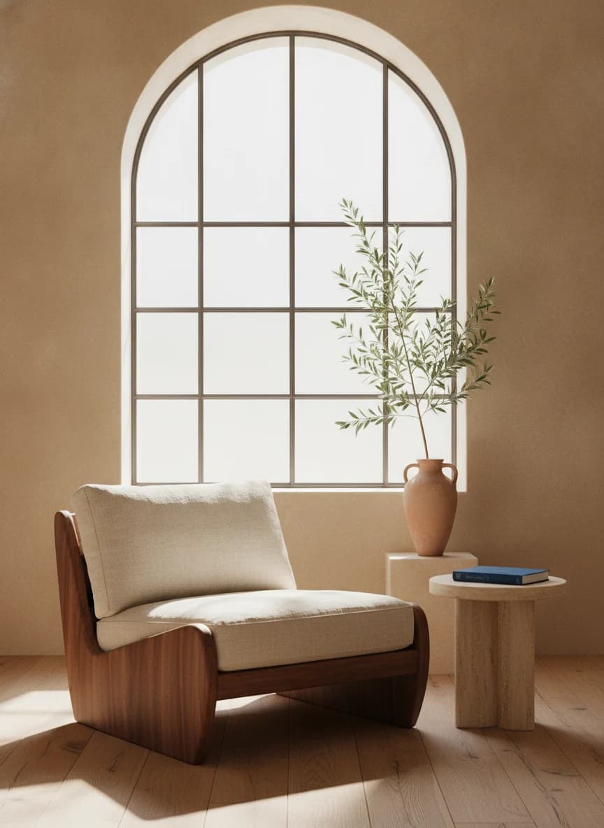 Sunlit reading corner with a walnut chair, arched window and stone side table