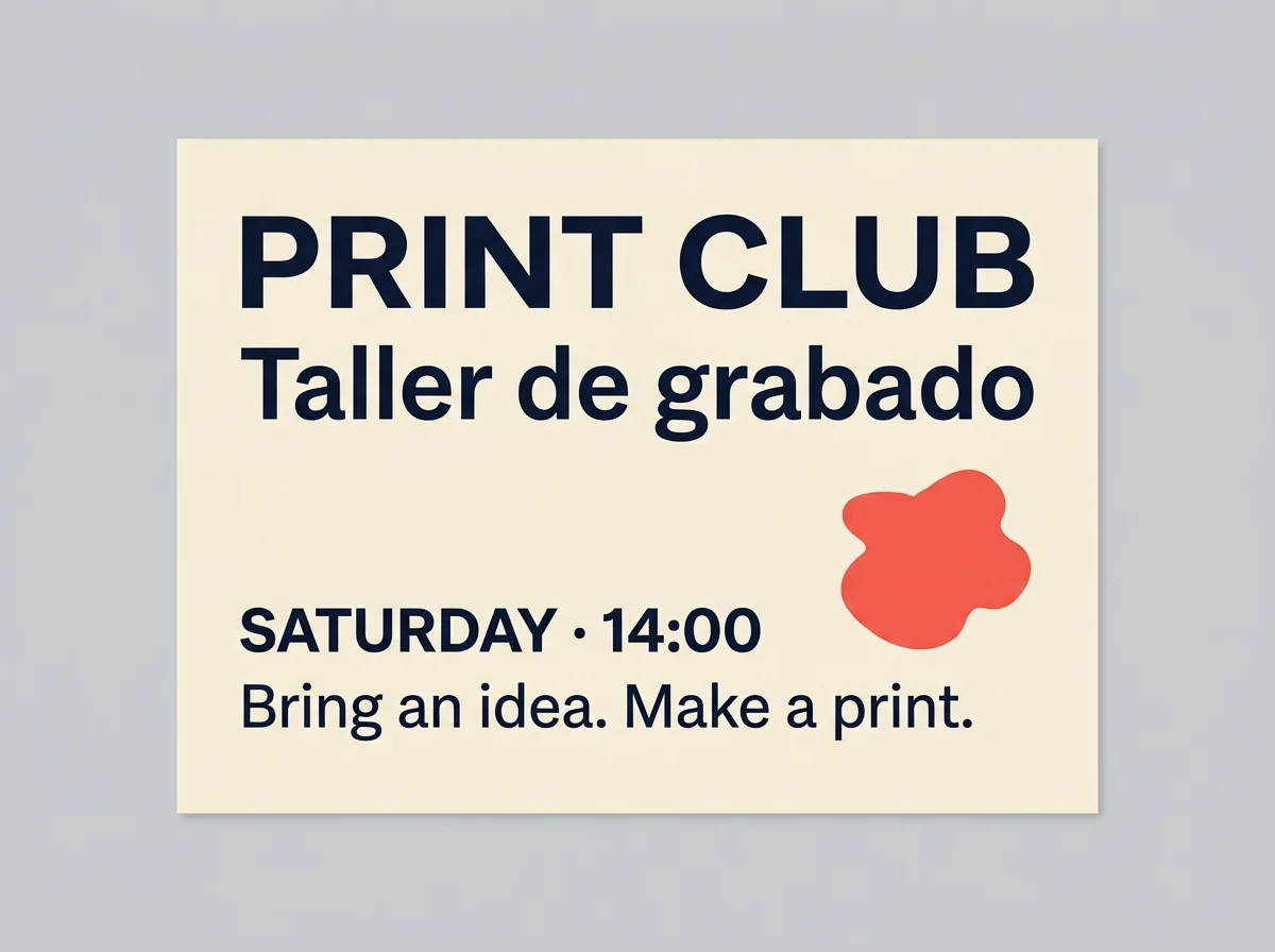 PRINT CLUB bilingual event card with red and blue graphic shapes