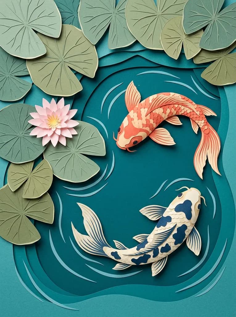 Two layered paper koi swimming among sage lily pads in a teal pond
