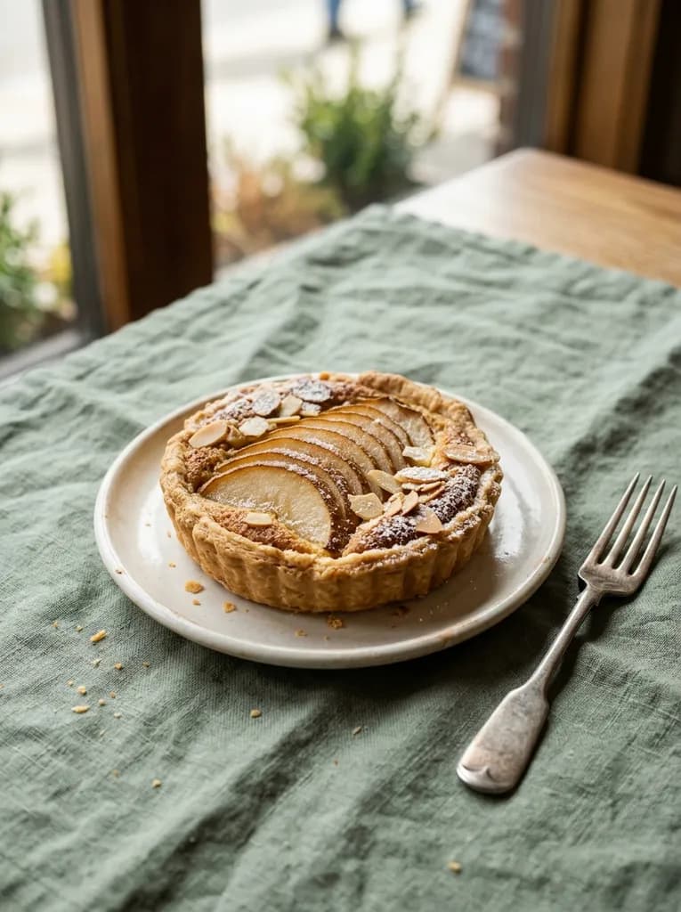 Pear and almond tart on sage linen in natural window light