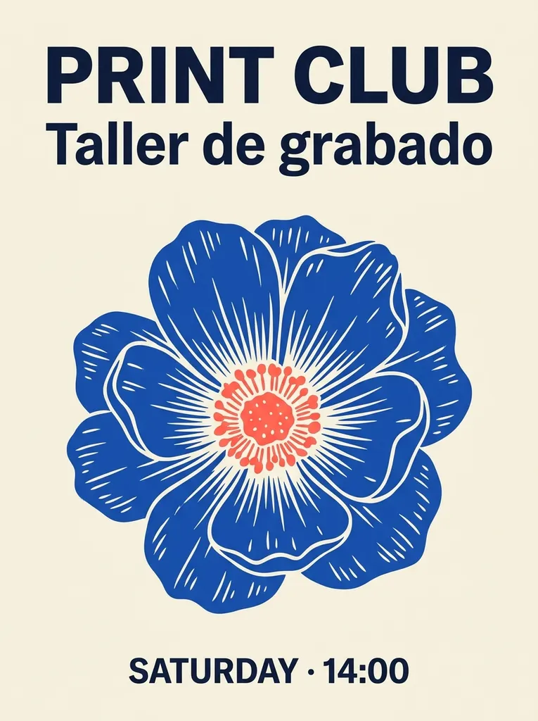 Portrait PRINT CLUB poster with bilingual event text and a blue woodcut flower