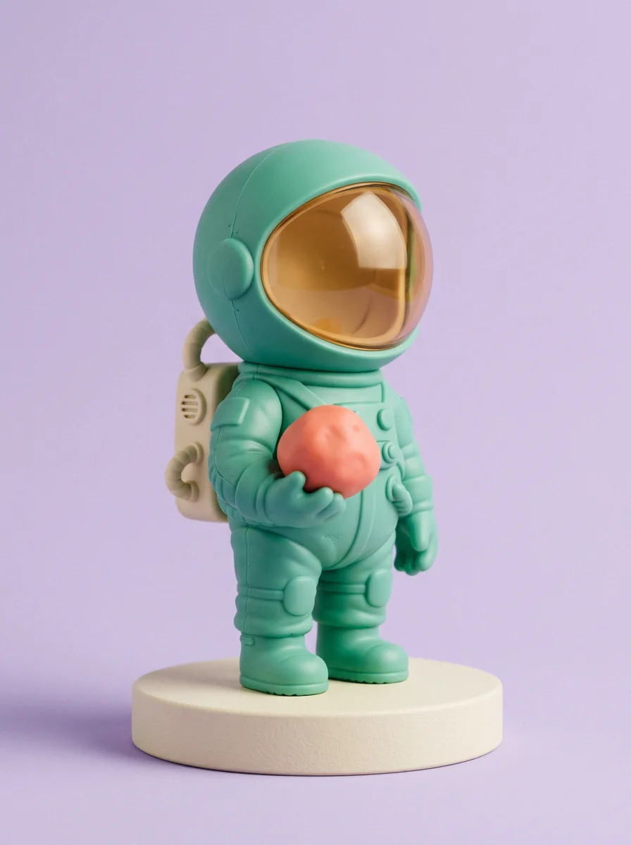 Mint-green astronaut toy holding a coral planet on a cream display plinth