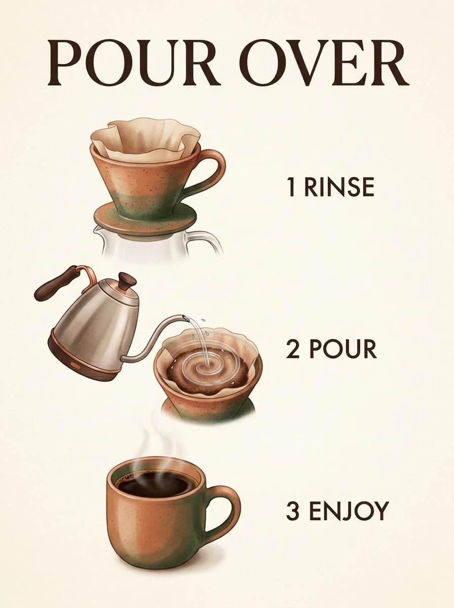 POUR OVER infographic showing rinse, pour and enjoy in three illustrated steps