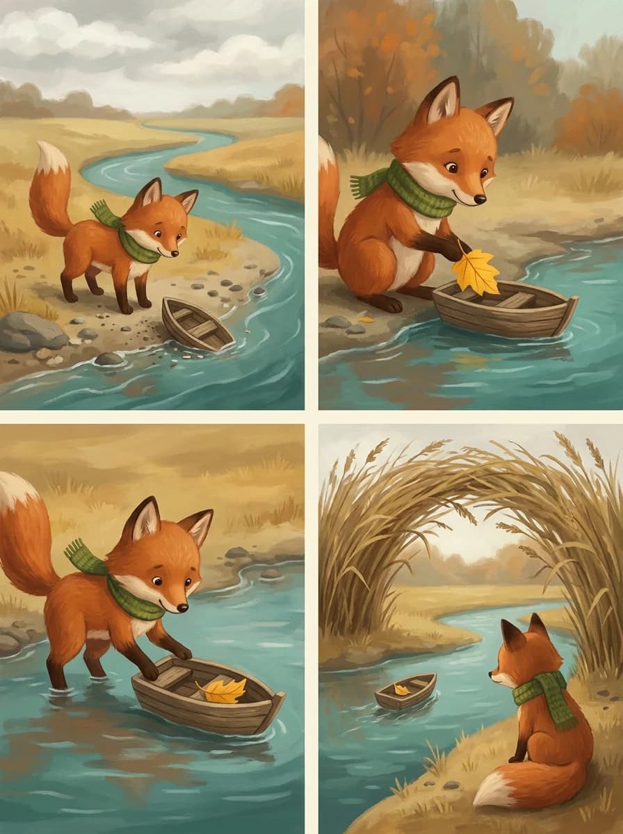 Four-panel fox story with a green scarf, leaf and wooden boat