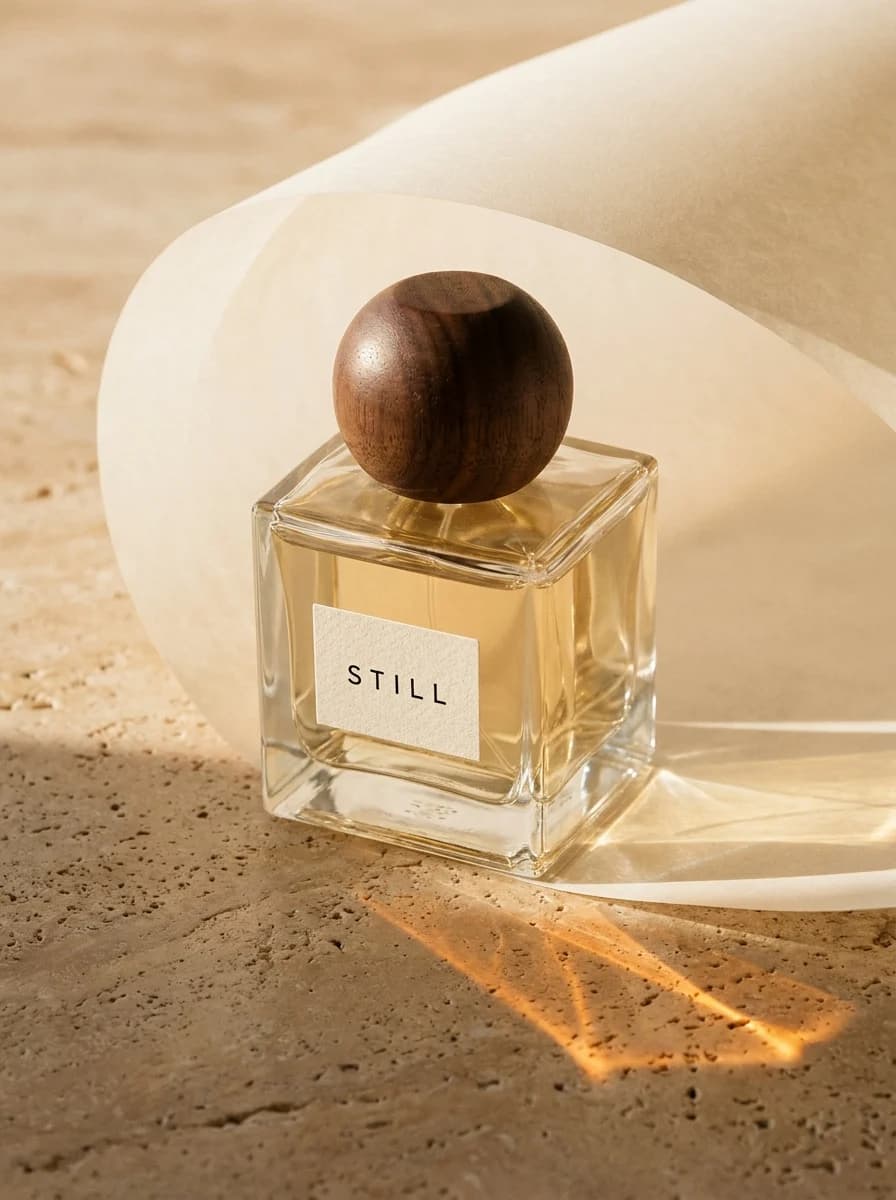 Glass perfume bottle with a STILL label, wooden cap and amber light on travertine