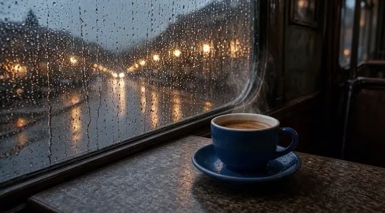 Preview: Coffee by the rainy tram window