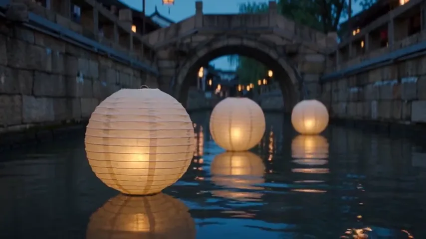 Preview: Lanterns crossing a quiet canal