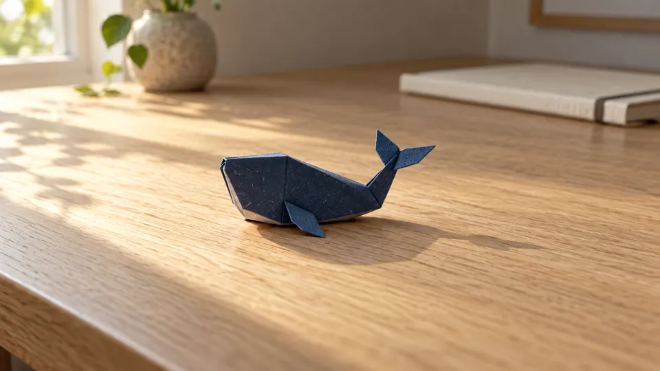 Indigo folded-paper whale resting on an oak desk in the starting frame